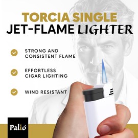 Palió Torcia Single Jet Flame Refillable Butane Torch Lighter, White - Adjustable Flame, Wind Resistant, High Altitude Tested, Durable Metal Body, Compact Pocket-Sized Cigar Lighter