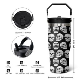 qwpmvhsak 30 oz Skull Flip Tumbler with lid and Straw,Skull CoffeeTravel Mug Cup Water Botter,Skull Gifts for Women,Goth Stuff Decor Accessories
