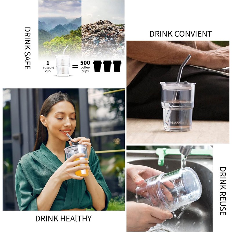 13oz/400ml Glass Water Tumbler with Straw and Lid Sealed Carry