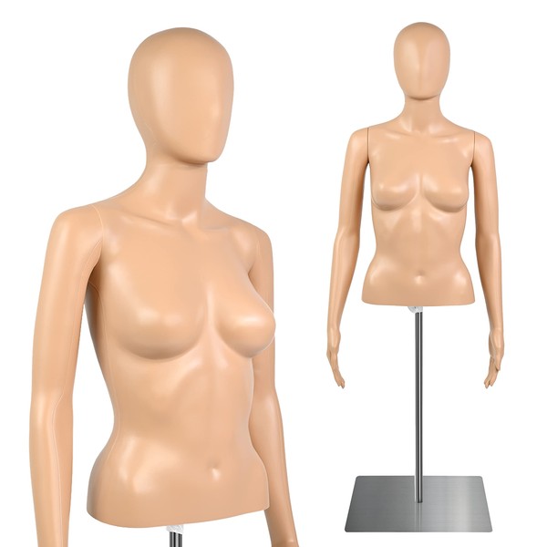 SereneLife Female Mannequin Torso, Adjustable Height and Detachable Arms Dress Form Display with Metal Stand, Skin Tone, for Sweaters, T-Shirts, Jackets, Dresses, Blouses, Tops