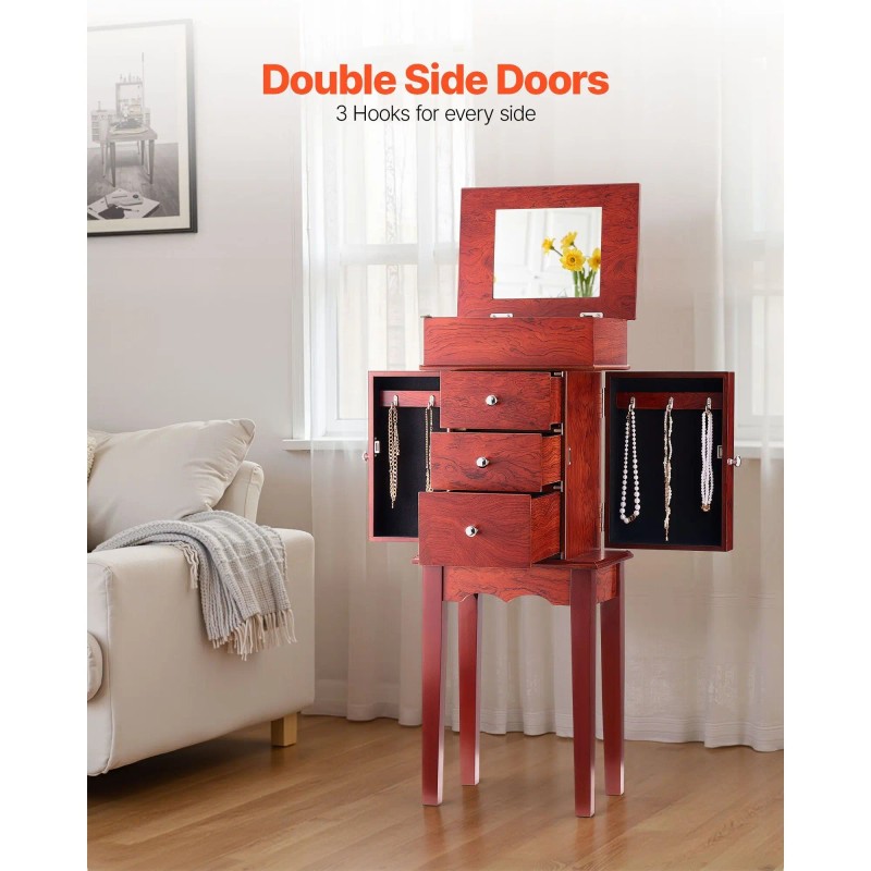 Standing Jewelry Armoire with 3 Drawers Mirror Wood Storage Cabinet