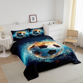 Feelyou Soccer Bedding Set Full Size Kids Blue Football Flame Printing Ball Gamer Comforter for Boys Girls Teens Sports Themed Comforter Set