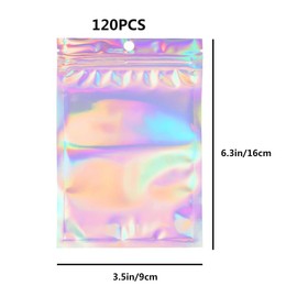 120 Pcs Resealable Bags Clear Holographic Foil Pouch bags for reusable, Smell Proof with Zipper and Window, Flat Aluminum Airtight Baggies Candy, Food, Eyelash, Lip Gloss Packaging