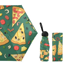 Yellow Pizza Slices with Ingredients on Green Small Mini Anti-UV Compact Travel Umbrella, 5 Folding Ultra-Light Umbrella, 6 Ribs Pocket Windproof Foldable Vinyl Parasol