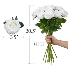 Mocoosy 12 PCS White Rose Artificial Flowers, Fake Roses with Long Stem Realistic Silk Rose Bouquets Wedding Centerpiece Decorations Faux Floral Arrangement Bridal Shower Party Home Office Table Decor