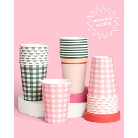 xo, Fetti Gingham Camp Paper Cups - 12 oz, 24 pcs | Green Picnic Drinkware, Pink Dinner Party Setting, Bachelorette Decoration, Cute Birthday Tablescape