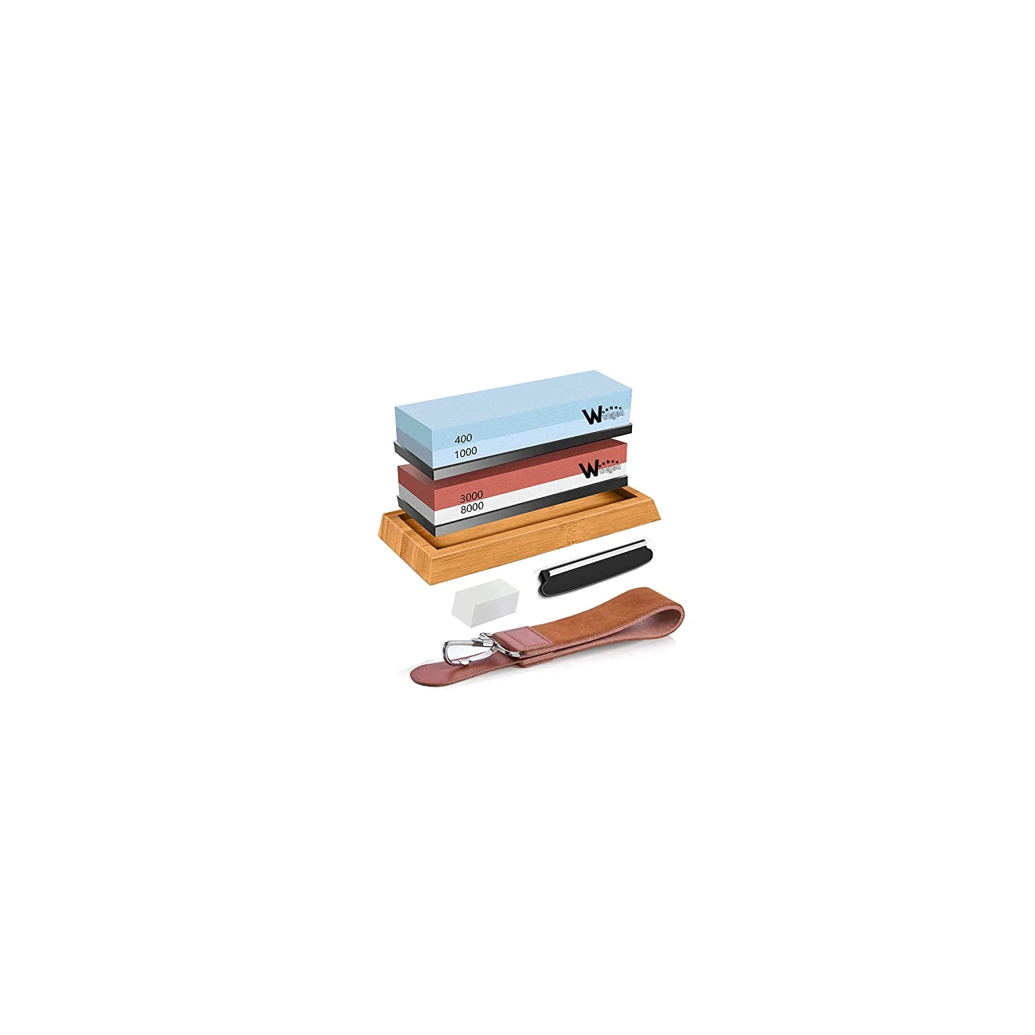 Wucgea Knife Sharpening Stone Kit - 400/1000 3000/8000 Grit Japanese Whetstone Sharpener set with Non-slip Rubber Base Angle Guide Flattening stone and Leather Strop…