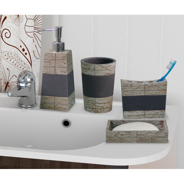 nu steel Rustic (Set of 4) Bath Accesory Set in Real Cement and Stone: Includes Soap Dish, Toothbrush Holder, Tumbler, Soap/ Lotion Dispenser