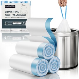 DMBWBRB Drawstring 4 Gallon Trash Bag 51 Counts, Tear-Free & Leakproof Small Trash Bags, Unscented Small Garbage Bags, 15 Liter Mini Wastebasket can Liners for Bathroom Bedroom Office