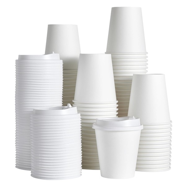 JOLLY PARTY [100 Pack] 10 oz Paper Coffee Cups, Disposable Paper Coffee Cup with Lids, Hot/Cold Beverage Drinking Cup for Water, Juice, Coffee or Tea, Suitable for Home, Shops and Cafes