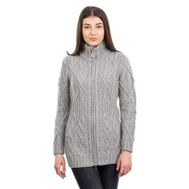SAOL - 100% Merino Wool Ladies Cable Knit Cardigan Full Zip Irish Coat (Grey, Small)