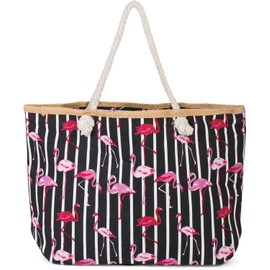 styleBREAKER XXL Beach Bag with Flamingo Print and Zip, Shoulder Bag, Shopping Bag, Women 02012252, Colour:Black-White