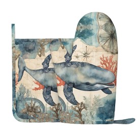VunKo Vintage Whale Oven Mitts and Pot Holders Sets Heat Resistant Oven Gloves with Non-Slip Surface for Safe BBQ Cooking Baking Grilling Set of 2