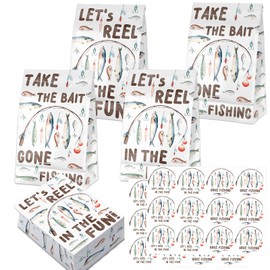 SamPartyShop 24 Pcs Gone Fishing Goodie Bags with Stickers - Fishing Themed Birthday Party Favor Bags, Perfect for Kids' Fishing Party Supplies and Treat Bags