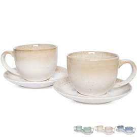 Bosmarlin Ceramic Cappuccino Cup and Saucer Set of 2, 10 Oz, Dishwasher and Microwave Safe, Coffee Cups for Latte, Espresso, Tea, Reavtive Glaze (Brown)