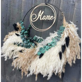 Pampas Grass Wreath - Pampas Grass Wall Decoration - Natural Handmade Pampas Wreath Ring With Pampas Grass, Bunny Tails & Eucalyptus With Wooden Home Sign Pampas Bouquet