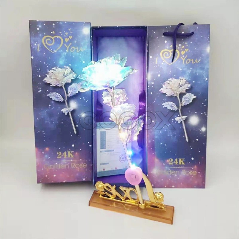 GOGOX Rosa Flor Artificiales Luz Led+base+bolsa Amiga Novia Regalo