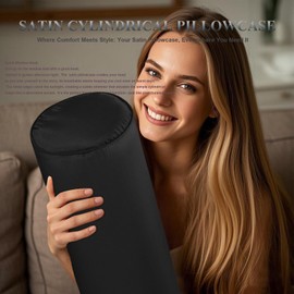 Satin Cylinder Pillowcase | Silk-Like Roll Bolster Pillow Cover with Hidden Zipper | Neck Roll Covers for Hair & Skin Friendly（ Black 18" x 6" ）