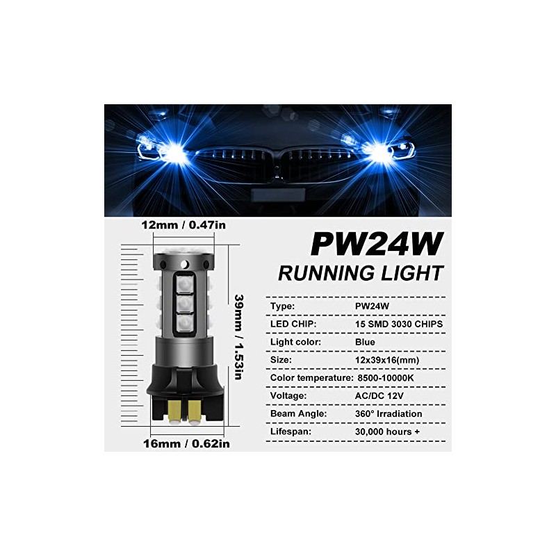 HONLEEX Error Free PW24W LED Bulb White,AC/DC 9-30V 1200LM PWY24W