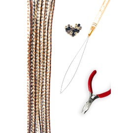 Natural Hair Feathers Kit, Feather Hair Extensions - Real Rooster Feathers, Long Natural Colors, Pliers, Beads, and a loop tool DIY Set browns and neutrals