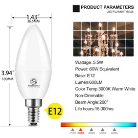 Energetic E12 LED Candelabra Light Bulbs 5.5W (60 Watt Equivalent), 3000K Warm White, 600LM Chandelier Light Bulbs, B11 Candle Bulbs for Ceiling Fan, CA 80 Recessed Can Light, Non-Dimmable, Pack of 6