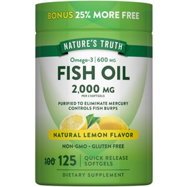 Aceite de pescado Omega 3 de Natures Truth 2000 mg  125 cápsulas blandas líquidas  Pastillas sin eructos, sabor a limón  Suplemento sin OGM y sin...  