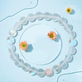 Mystic 6MM 8MM Mermaid Glass White Purple Blue Pink Bracelet with Glowing Moonstone Beads for Women Teen Girls (8MM White Silver Bead)