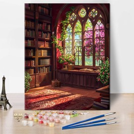 Fantasy Library Adult Paint by Number, Blossoming Flower Paint by Numbers Kit for Adults, DIY Painting by Numbers for Gift Home Wall Decor Vintage Bookshelf 16"x20"(Frameless)