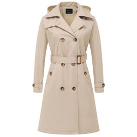 CREATMO US Womens Trench Coats Mid Length Lightweight Soft Shell Water Resistant with A Detachable Hood Khaki 2XL