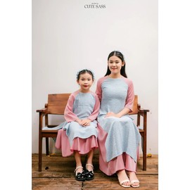 Mom and Daughter Blue HOA Matching Ao Dai Skirt Set with Headband| Pre-Made Vietnamese Ao Dai| Lunar New Year (Blue, 2XL - Women)