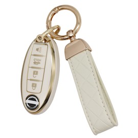 SUNCARACCL for Nissan Key Fob Cover with Leather Keychain, Soft TPU Full Protection Key Case Shell for Nissan Altima Maxima Rogue Armada Pathfinder Smart Key 4 Buttons (White)