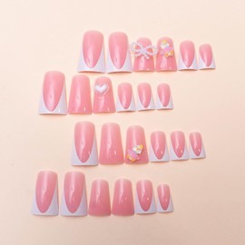 24 Pcs Pink Press on Nails French RIICFDD Medium Fake Nails Charms Pearl Duck Nails White Nail Tips Cute Bow Designs Full Cover False Nails Glossy Stick on Nails for Women Girls Nail Art