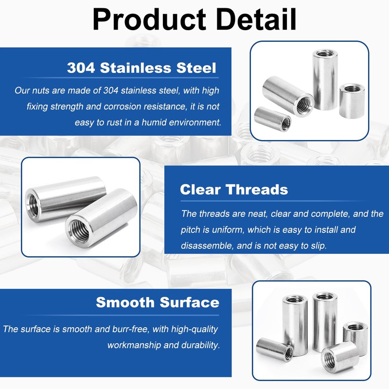 MroMax M8x30mm Round Connector Nuts, 304 Stainless Steel Threaded Sleeve