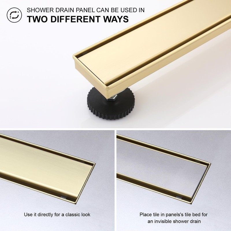 KIRLYSTONE 24-Inch Linear Shower Drain Brushed Gold, Rectangular Gold Shower