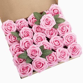 Exoment 25pcs Artificial Flower Foam Rose Pink Real Touch Roses Flower Heads with Stem for DIY Wedding Bouquets Centerpieces Arrangements Party Baby Shower Home Decor (25, Pink)