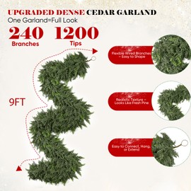 9FT Thick Christmas Garland with 240 Cedar Branches, Real Touch Green Cedar Garland for Christmas Decorations, Artificial Greenery Garland for Table, Mantle, Wall, Indoor, Outdoor Holiday Decor