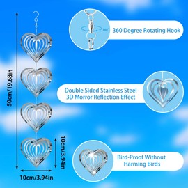 3 Sets of Metal Bird Scare Discs Devices, 3D Reflective Double Sided Bird Reflectors Wind Spinners Outdoor Garden Decor, Bird Deterrents for Outside Patio, Yard, Garden, Windows, Farm (Heart)