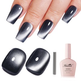Imtiti Black Cat Eye Gel Nail Polish with Magnet, Holographic Glitter Shimmer Magnetic UV Gel Polish for Nail Art Soak off UV Led