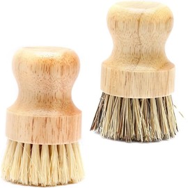 Natural Sisal Bristles Wooden Scrub Brush, 2Pcs Palm Wooden Dish Scrubber Brushes, Bamboo Dish Scrub Brushes Round Palm Scrubber Set