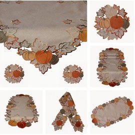 Raebel OHG Tablecloth Table Runner Doilies Autumn Beige Lurex Threads Embroidered with Pumpkin Motif (85 x 85 cm) Orange Green Yellow