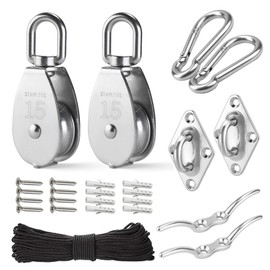 LAIWOO M15 Stainless Steel Pulley System Kit-Heavy-Duty Pulley Wheel, Pulley Block with Nylon Rope, Hooks, Eye Pad Plate, and Rope Cleat - Ideal for Lifting, DIY Projects, and Clothesline (2 Pack)