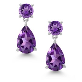 Gem Stone King 925 Sterling Silver Purple Amethyst Teardrop Dangle Drop Earrings For Women (7.30 Cttw, Gemstone Birthstone, Pear Shape 12x8MM, Round 6MM)
