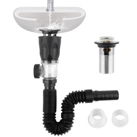 Bathroom Sink Drain Kit, Flexible Sink Drain Pipe with Pop Up Drain Stopper, Expandable P-Trap Sink Drain Pipe for 1-1/4'' & 1-1/2'' Drain Holes, 3-in-1 Sink Drain Strainer, Anti-Clogging, Chrome