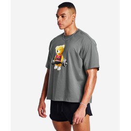 Ouber Men's Gym Graphic T-Shirt Funny Bear Weight-Lifting Tee Bodybulding Shirts Grey,L