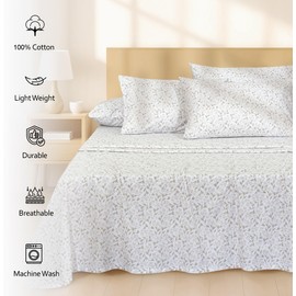 RUVANTI 4 Pcs Cotton Sheets - 100% Natural Cotton Soft, Lightweight & Breathable Crispy Percale Bed Sheets, Twin Sheets Set 16" Deep Pockets, Botanica Living