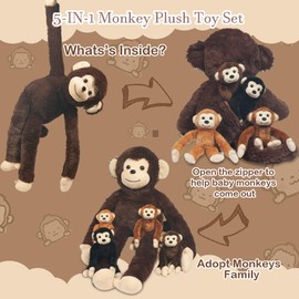 XYHQYB 5 PCS Monkey Stuffed Animal, Large Huggable Stuffed Monkey Toy with 4 Baby Monkeys Inside, Long Arm Hanging Plush Monkeys for Kids Back to School Forest Party Decor Christmas Birthday Gifts