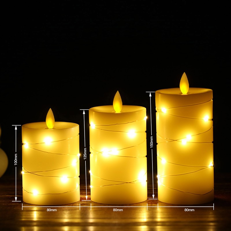 3PCS Flickering Flameless Candle Lights with Twisted String Lights Kit