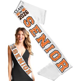 Senior Sash 2026 - Orange with Black Outline Class of 2026 Senior White PREMIUM GRADE SATIN Sash - Senior Night Party Supplies and Gifts - White Sash (ClsOf26 Org w/Blk) Wht