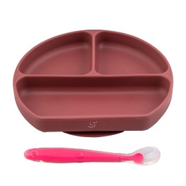 PAPU BABY Plato con divisiones y cuchara de silicón para bebés. Libres de BPA. Plato con succión. Silicón de grado alimenticio. Alimentación independiente. (Magenta)