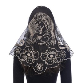 Bozidol Mantilla Triangular Embroidered Our Lady of Mount Carmel Camellia Veils - Black Gold - Luxurious Catholic Veil for Women, Ideal for Religious Ceremonies, Mass, and Celebrations